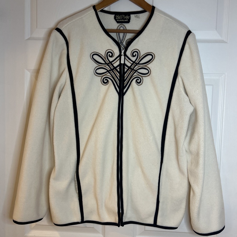 Bob Mackie Jacket Womens XL Ivory Black‎ Fleece Wearable Art Embroidered Zip Up